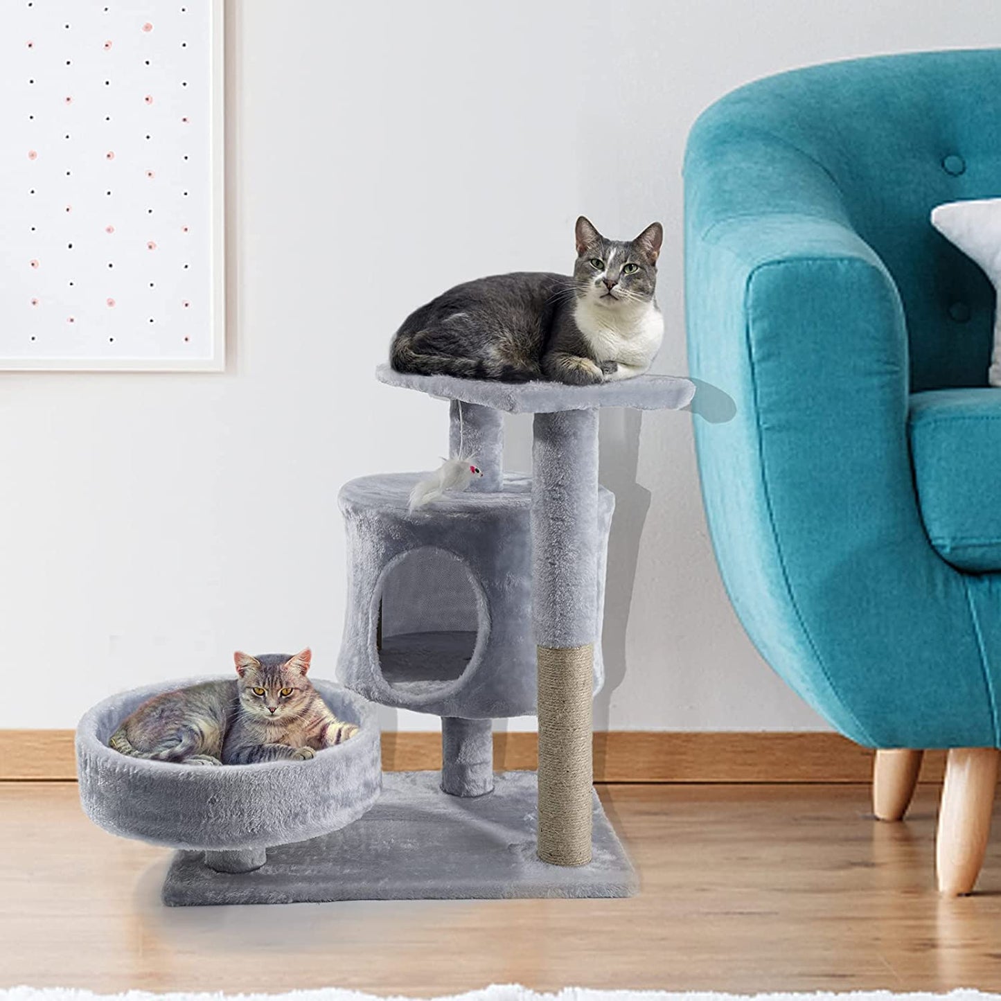 CatWonderland - Cat Tower with Cat Scratching Posts - Cat Condo with Padded Perch, Cat Activity Center for Cats, Cat Climbing Stand with Jump Platform & Toys for Small Kittens Adult Cats