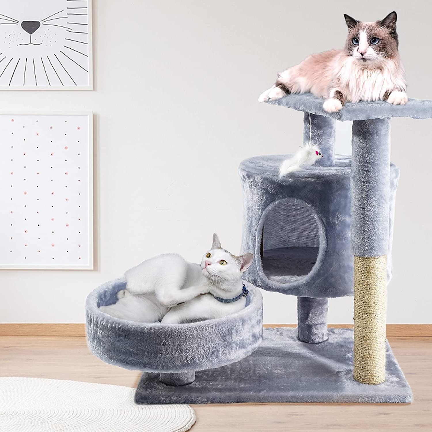 CatWonderland - Cat Tower with Cat Scratching Posts - Cat Condo with Padded Perch, Cat Activity Center for Cats, Cat Climbing Stand with Jump Platform & Toys for Small Kittens Adult Cats
